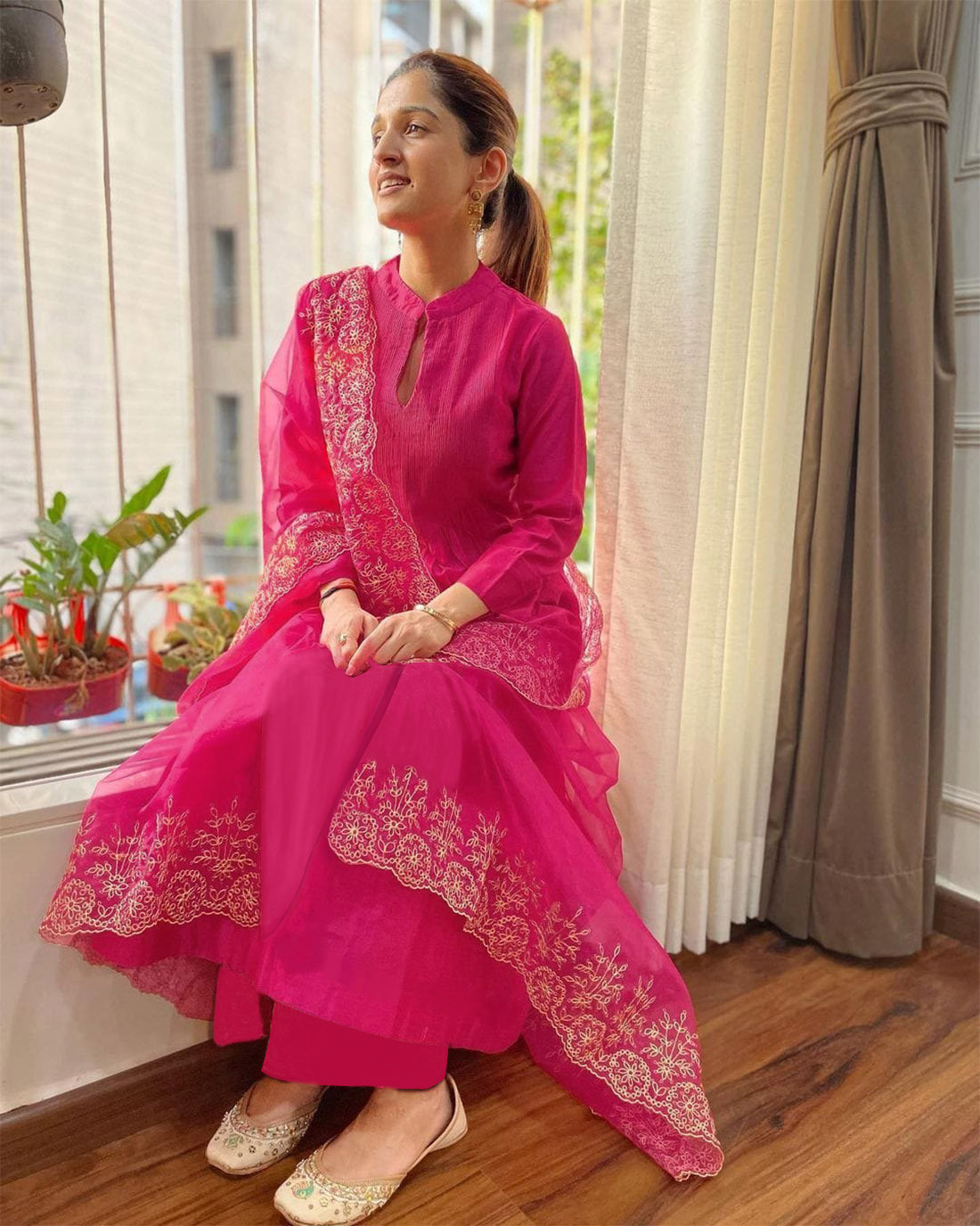 Malishka Women's Pink Cotton Silk Embroidered Straight Kurta Pant With Dupatta - Distacart