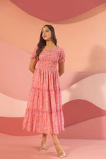 Thumbnail for Malishka Women's Pink Crepe Printed Fit & Flared Midi Dress - Distacart