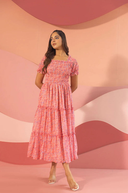 Malishka Women's Pink Crepe Printed Fit & Flared Midi Dress - Distacart