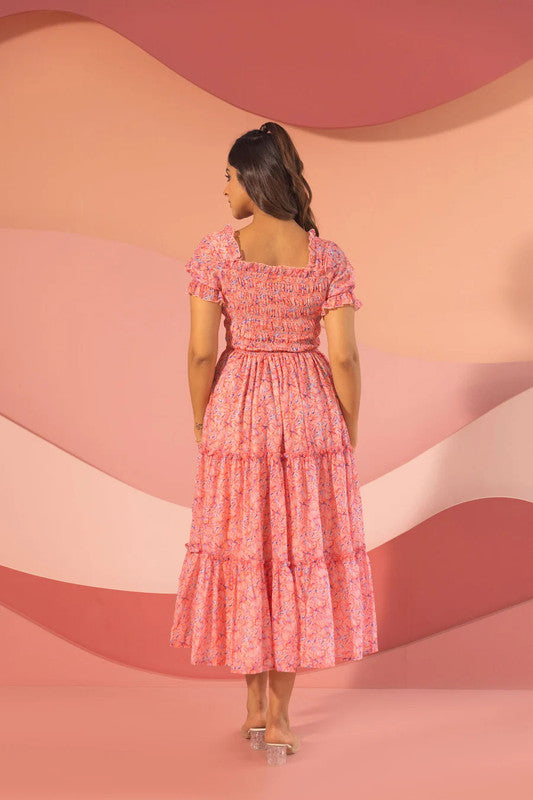 Malishka Women's Pink Crepe Printed Fit & Flared Midi Dress - Distacart