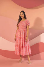 Thumbnail for Malishka Women's Pink Crepe Printed Fit & Flared Midi Dress - Distacart