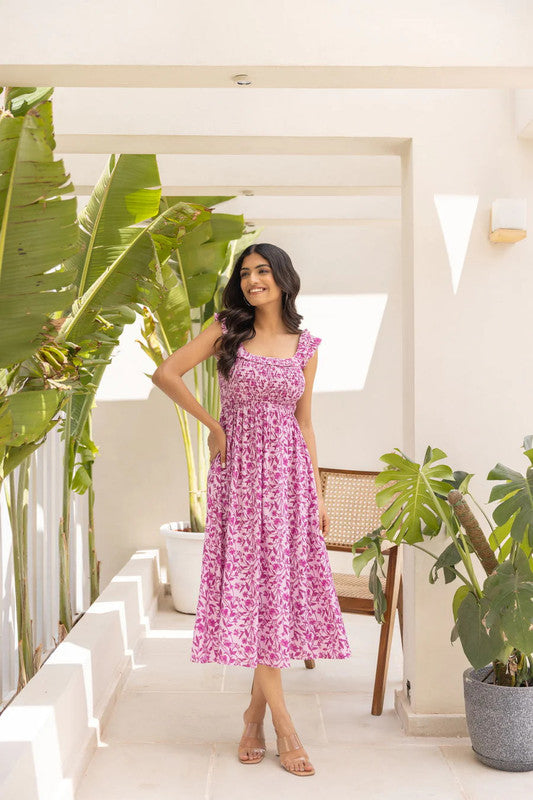 Malishka Women's Pink Crepe Printed Fit & Flared Midi Dress - Distacart