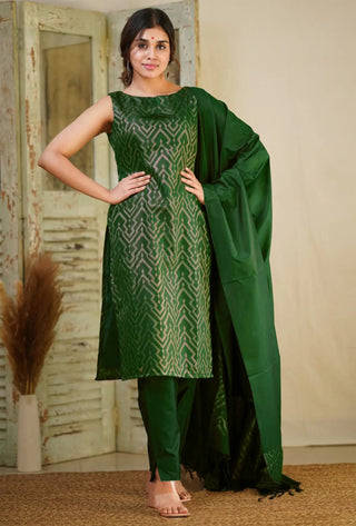 Malishka Women's Green Art Silk Woven Straight Kurta Pant With Dupatta - Distacart
