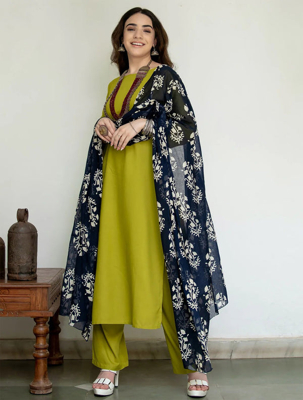 Malishka Women's Light Green Cotton Blend Solid Straight Kurta Pant With Dupatta - Distacart