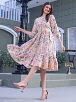 Thumbnail for Malishka Women's Multicolour Crepe Printed Fit And Flared Midi Dress - Distacart