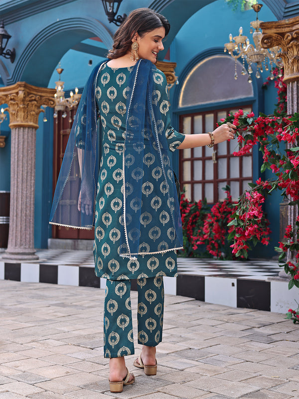 Malishka Women's Green jacquard Silk Woven Straight Kurta Pant With Dupatta - Distacart