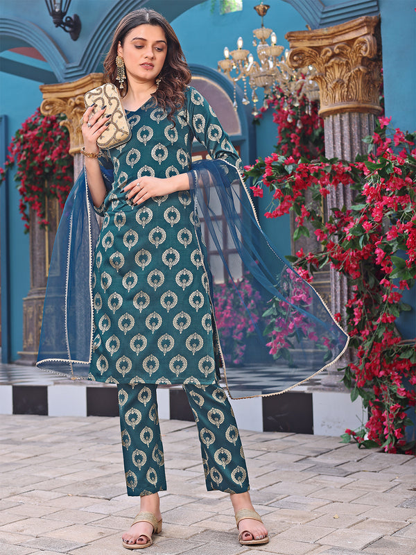 Malishka Women's Green jacquard Silk Woven Straight Kurta Pant With Dupatta - Distacart
