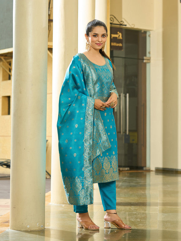 Malishka Women's Sky Blue jacquard Silk Woven Straight Kurta Pant With Dupatta - Distacart