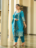 Thumbnail for Malishka Women's Sky Blue jacquard Silk Woven Straight Kurta Pant With Dupatta - Distacart