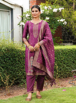 Thumbnail for Malishka Women's Purple jacquard Silk Woven Straight Kurta Pant With Dupatta - Distacart