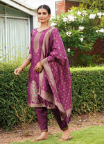 Thumbnail for Malishka Women's Purple jacquard Silk Woven Straight Kurta Pant With Dupatta - Distacart