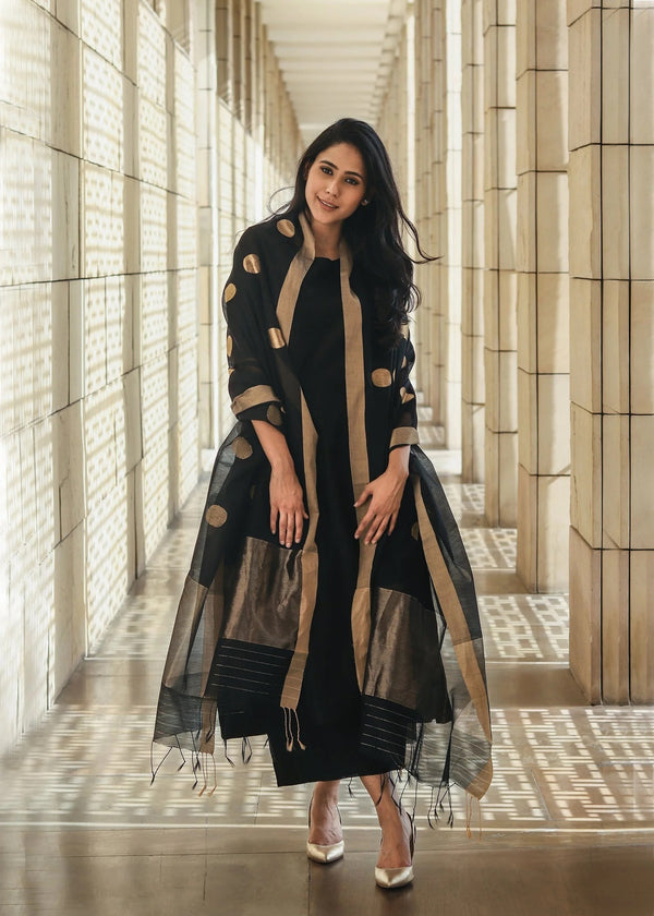 Malishka Women's Black Roman Silk Solid Straight Kurta Pant With Dupatta - Distacart