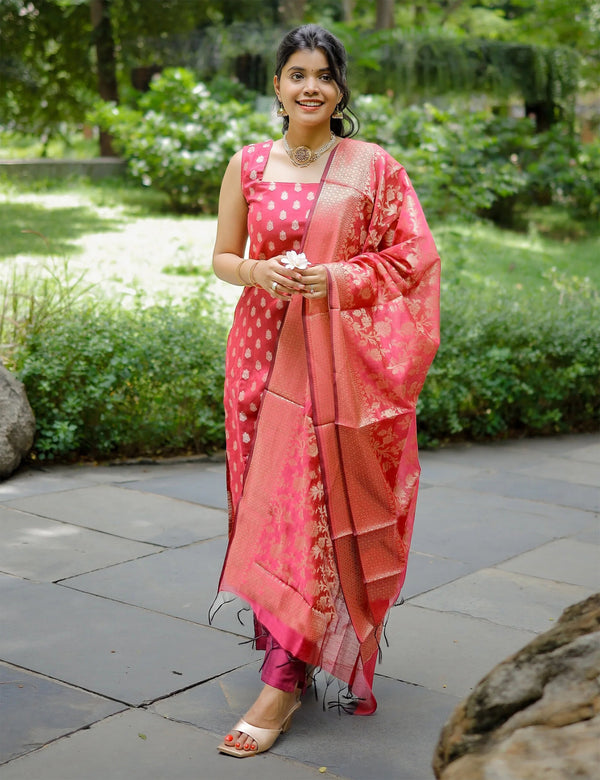 Malishka Women's Pink Jacquard Silk Woven Straight Kurta Pant With Dupatta - Distacart