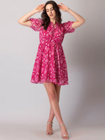 Thumbnail for Malishka Women's Pink Georgette Digital Print Fit & Flared Midi Dress - Distacart
