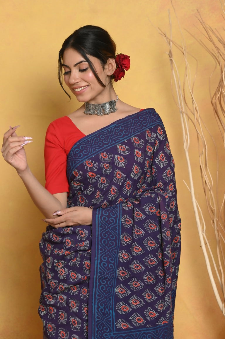 Very Much Indian Handblock Printed Cotton Saree With Natural Dyes - Blue - Distacart