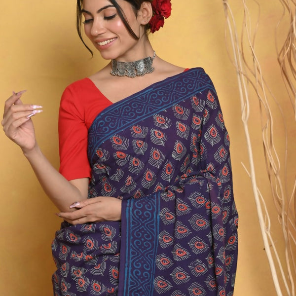 Very Much Indian Handblock Printed Cotton Saree With Natural Dyes - Blue - Distacart