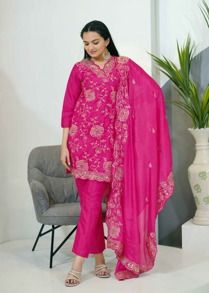 Avantini Women's Pink Chinon Sequence Straight Kurta Pant With Dupatta