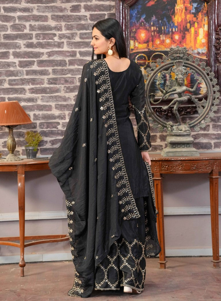 Avantini Women's Black Chinon Embroidered Straight Kurta Sharara With Dupatta - Distacart