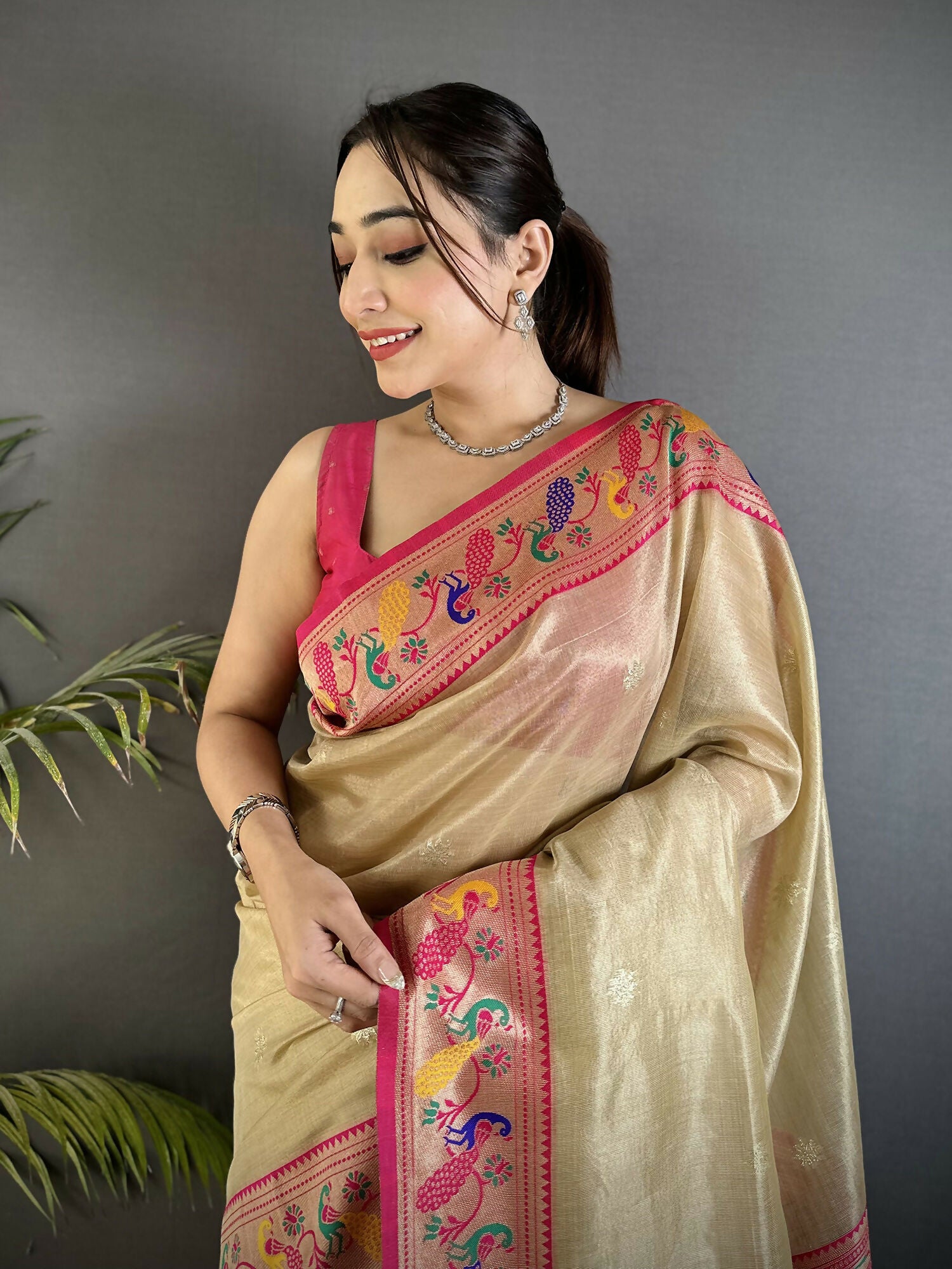 Joban Fashion Beige Zari Weaving Tissue Paithani Saree - Dista