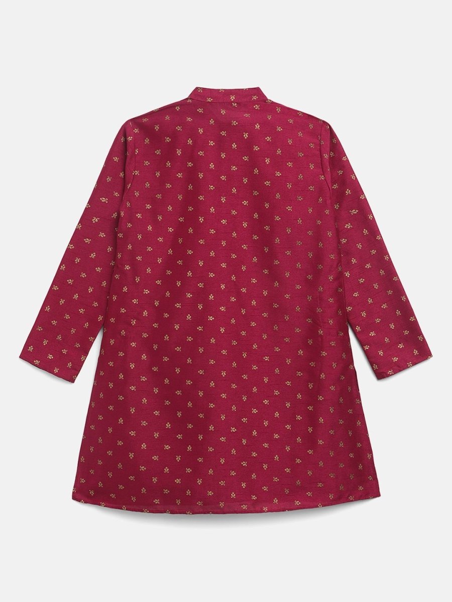 Ahalyaa Boys Wine Poly Silk Gold Printed Kids Kurta Churidar Set - Distacart