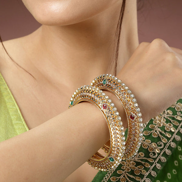 NVR Women's Set of 2 Gold-Plated Kundan Traditional Bangles - Distacart