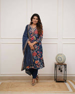 Thumbnail for The52 Blue Women's Gorgeous Printed Pure Russian Silk Fabric Straight Kurta Pant with Dupatta Set - Distacart