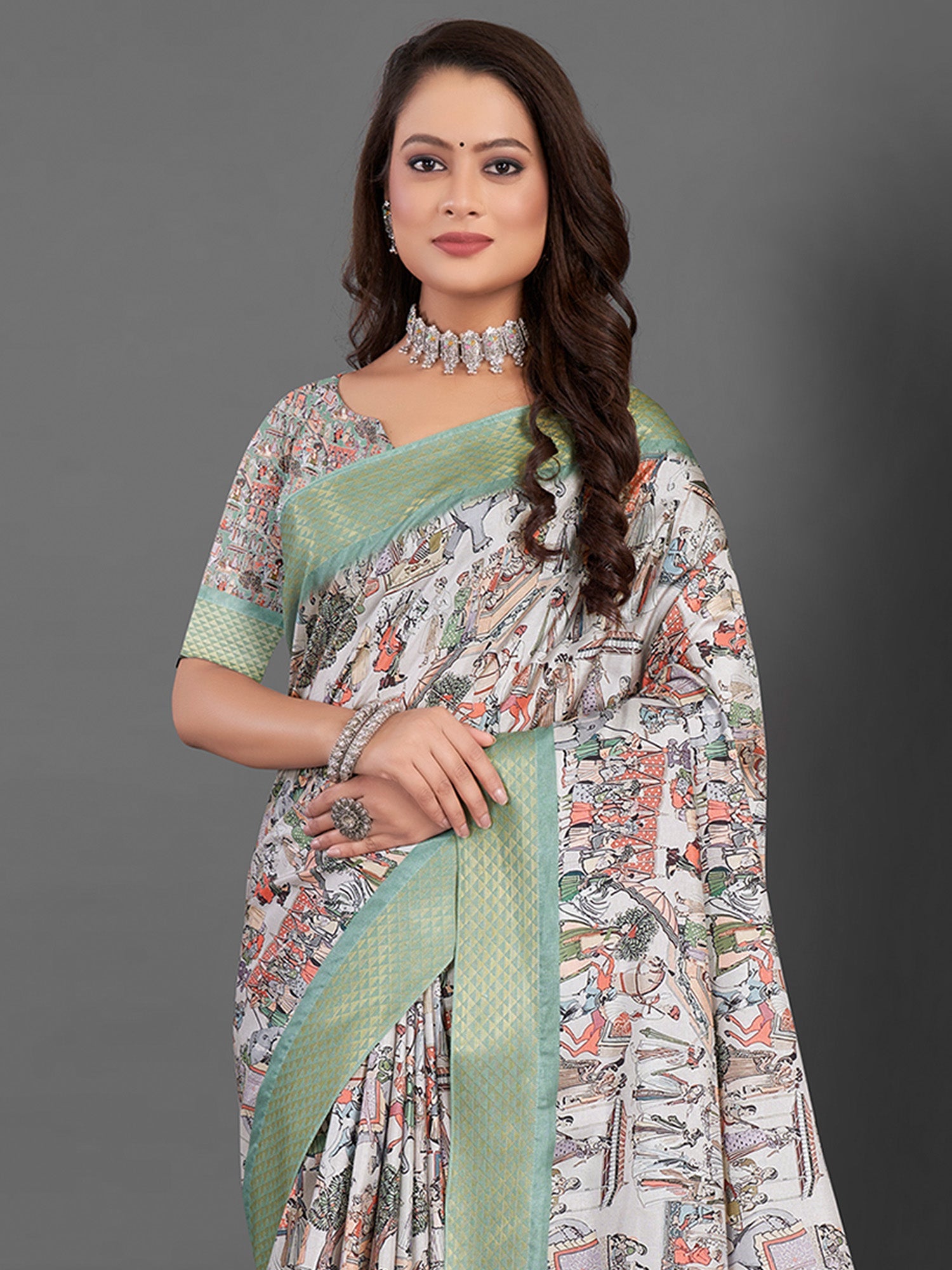 NOZ2TOZ Women's Manipuri Silk Off White Printed Designer Saree With Blouse Piece - Distacart