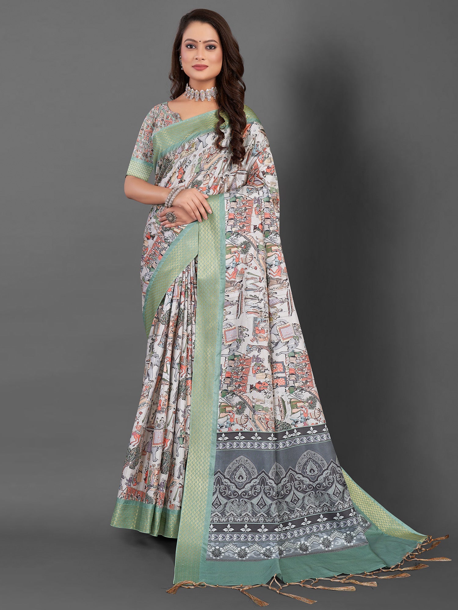 NOZ2TOZ Women's Manipuri Silk Off White Printed Designer Saree With Blouse Piece - Distacart