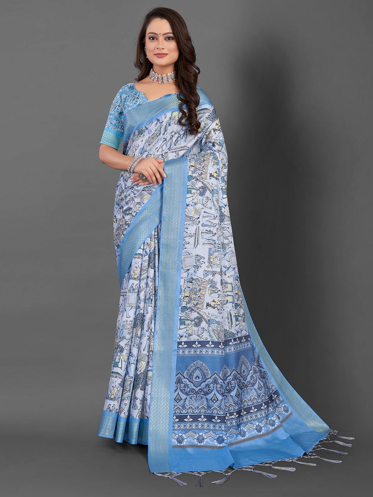 NOZ2TOZ Women's Manipuri Silk Blue Printed Designer Saree With Blouse Piece - Distacart