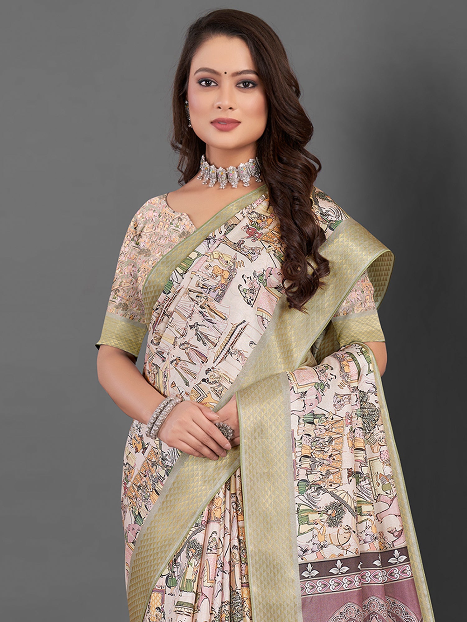 NOZ2TOZ Women's Manipuri Silk Beige Printed Designer Saree With Blouse Piece - Distacart