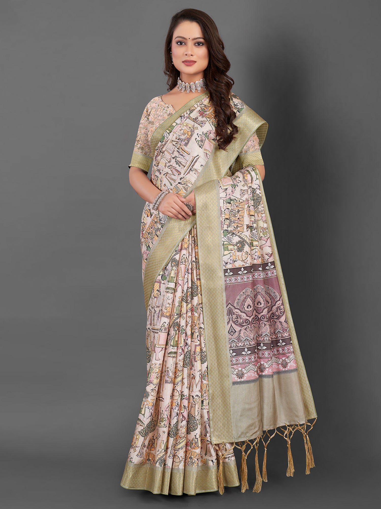 NOZ2TOZ Women's Manipuri Silk Beige Printed Designer Saree With Blouse Piece - Distacart