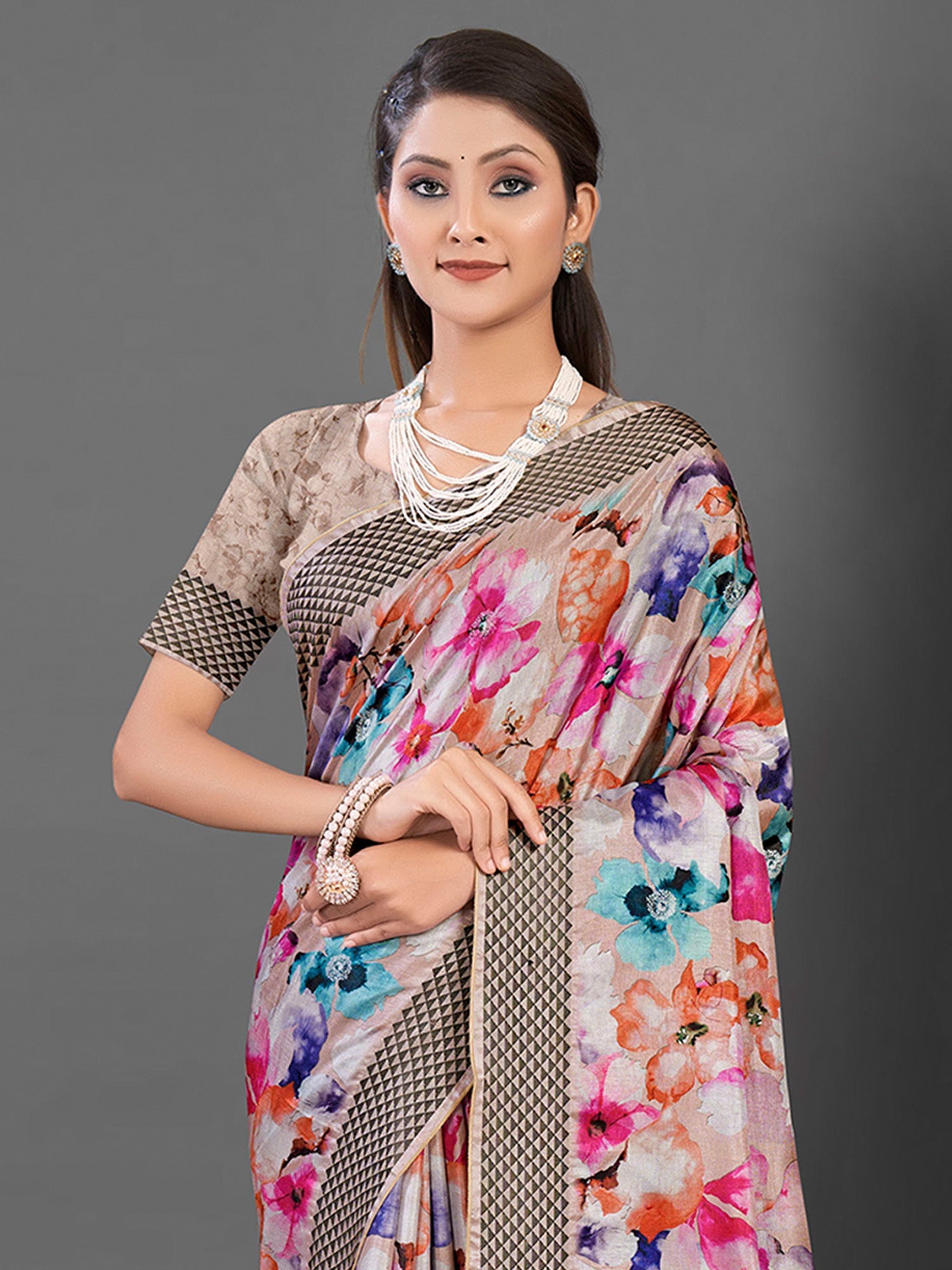 NOZ2TOZ Women's Manipuri Silk Beige Printed Designer Saree With Blouse Piece - Distacart