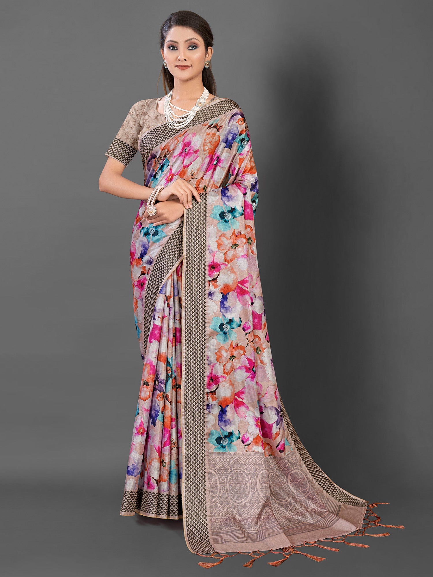 NOZ2TOZ Women's Manipuri Silk Beige Printed Designer Saree With Blouse Piece - Distacart