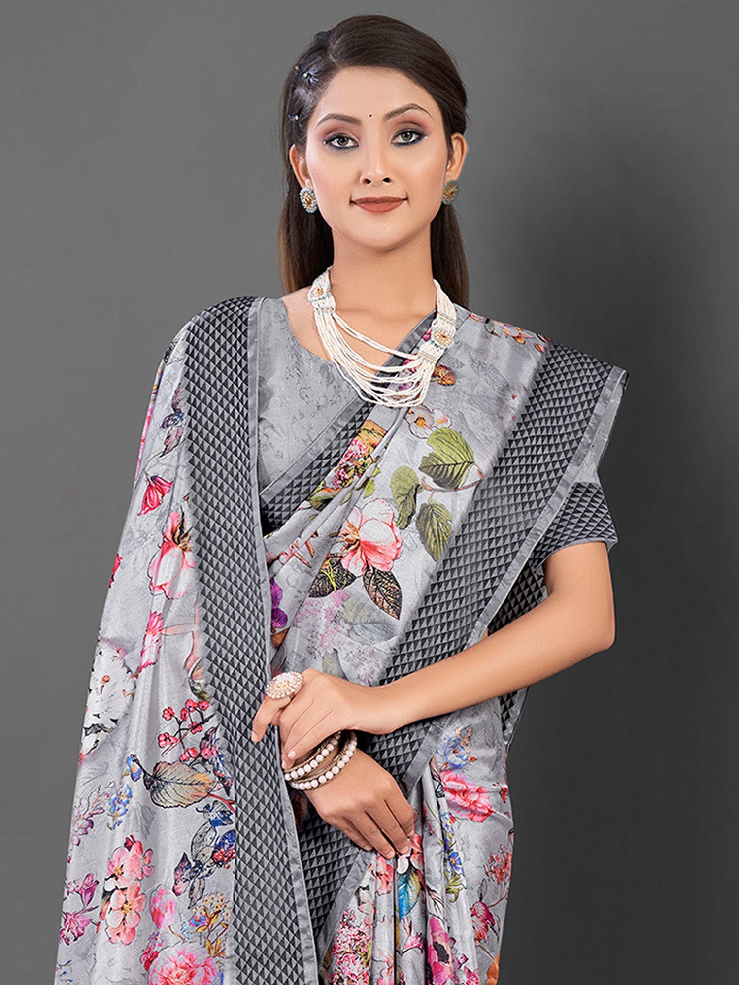 NOZ2TOZ Women's Manipuri Silk Grey Printed Designer Saree With Blouse Piece - Distacart