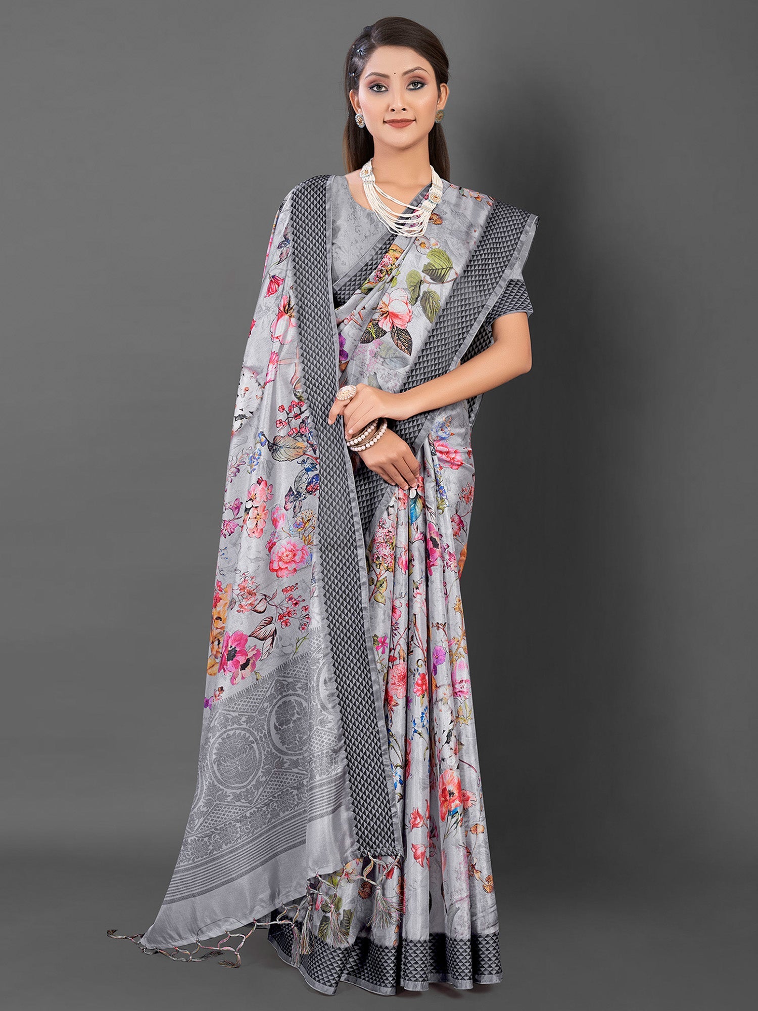NOZ2TOZ Women's Manipuri Silk Grey Printed Designer Saree With Blouse Piece - Distacart