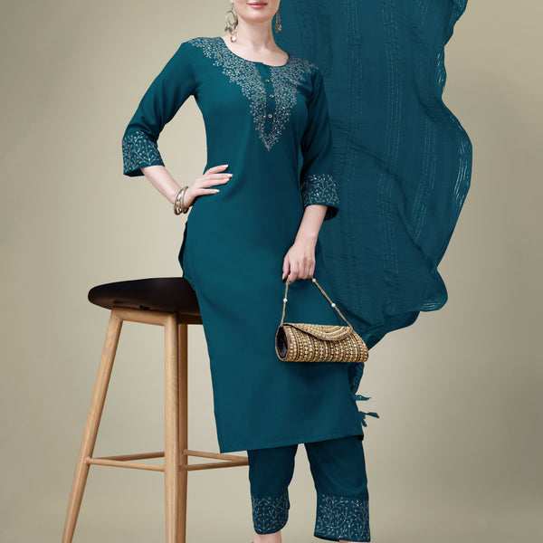 Jyoti Fashion Women's Morpich Cotton Blend Embroidery & Sequence work Kurta with Trouser & Dupatta - Distacart