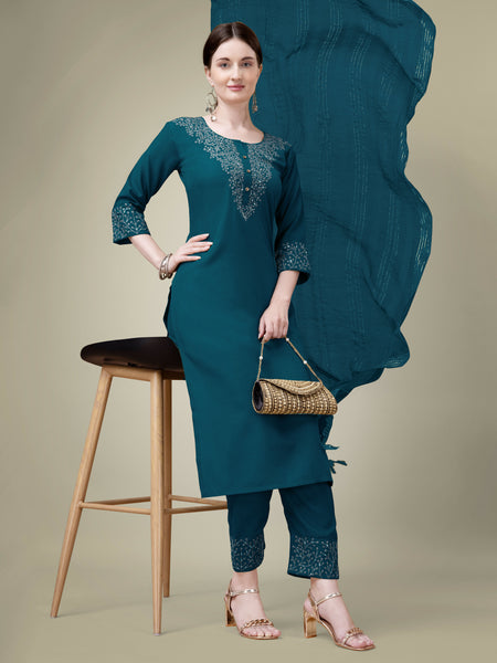 Jyoti Fashion Women's Morpich Cotton Blend Embroidery & Sequence work Kurta with Trouser & Dupatta - Distacart