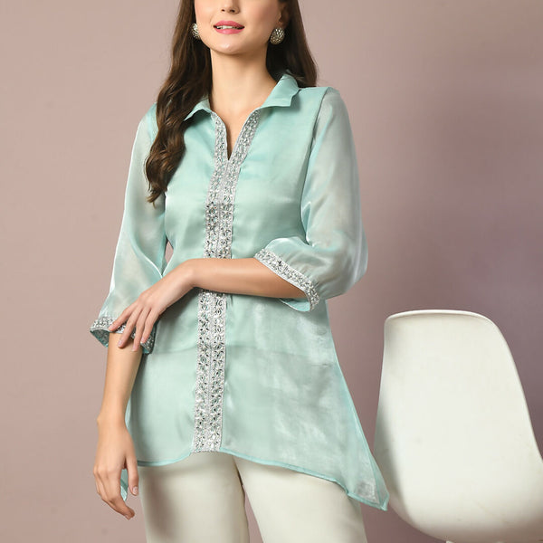Myshka Women's Blue Solid Longline Party Tunic - Distacart