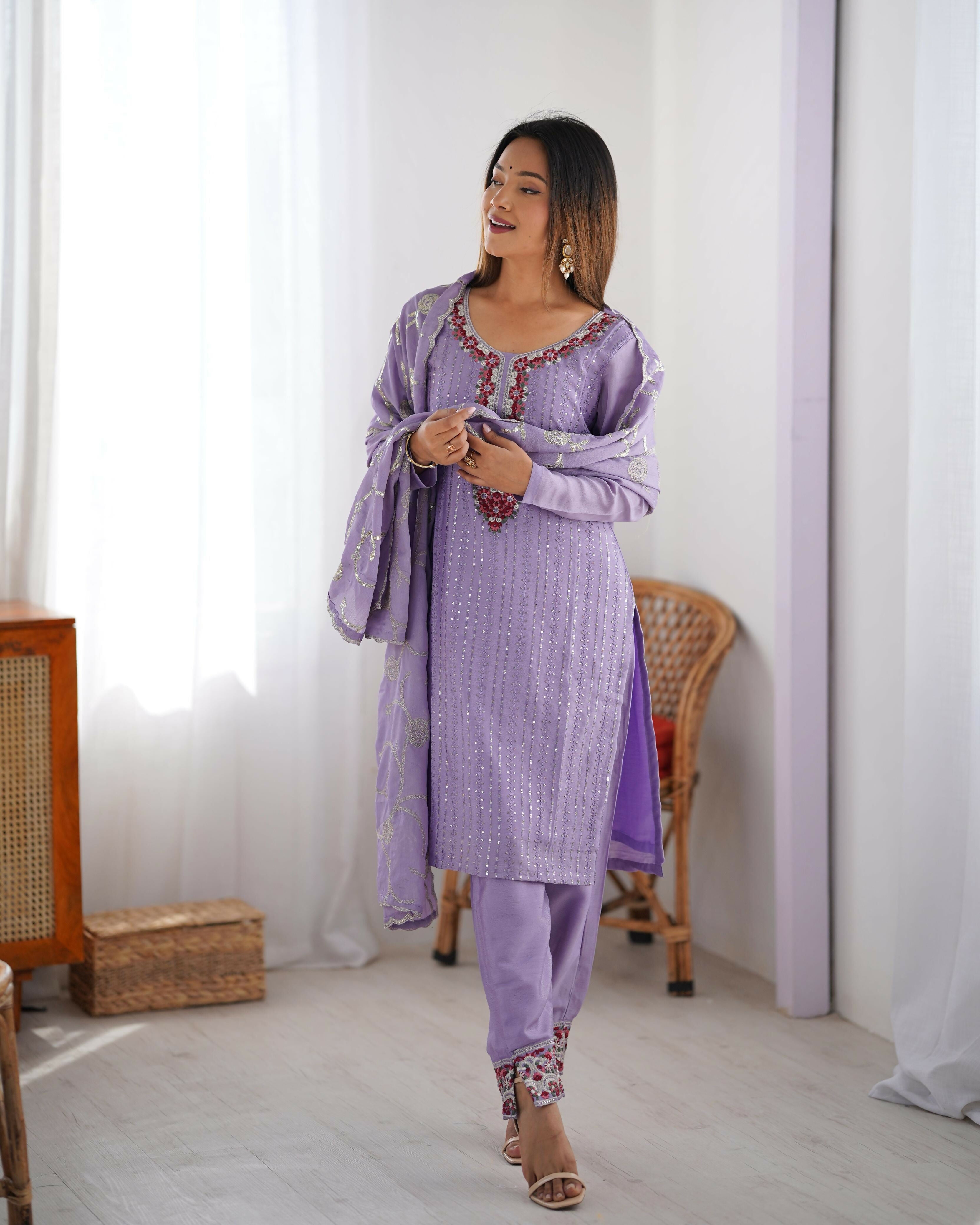 Joban Fashion Light Purple Kurta set with Pant Chinon silk Thread with Sequins work