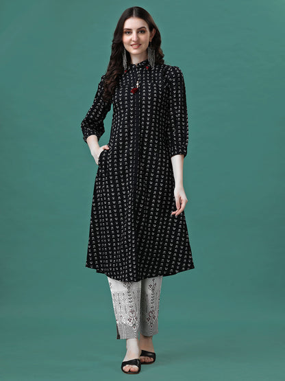 Printed Flared Cotton Kurta With Pant, Multicolor - Hiral Fashion - Distacart