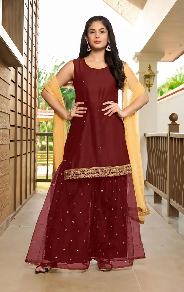 Nikhaar Maroon Embroidered Cotton Silk Straight Cut Readymade Pakistani Suit
