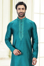 Thumbnail for Raivat Ethnic Jacquard Banarasi Silk Thread Work Kurta Pajama In Blue Colour - Distacart