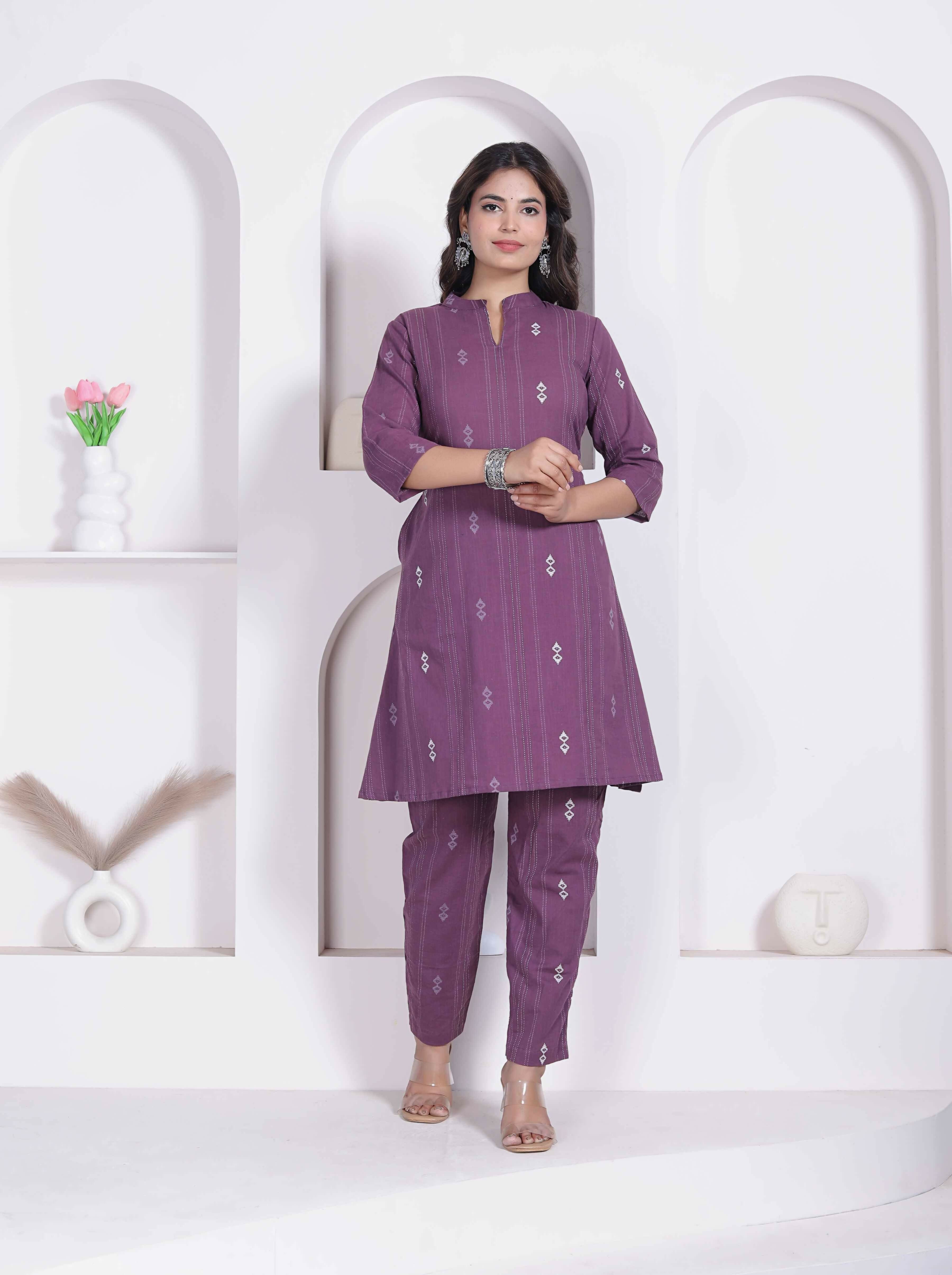 Miravan Womens Abstract Printed Wine Kurta Set - Dista
