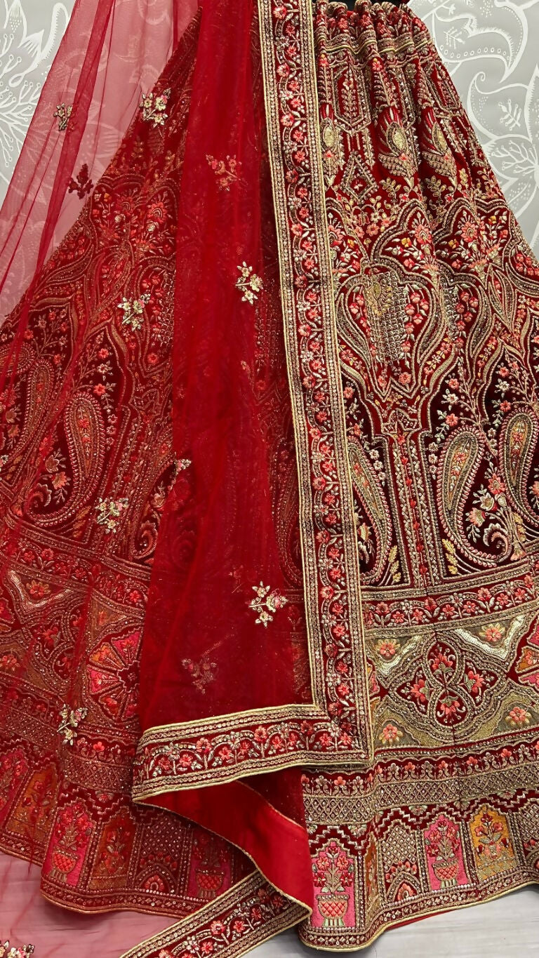 Jyoti Fashion Women's Red Velvet Multi Thread Embroidered with Zircon Diamond Wedding Lehenga Choli - Distacart