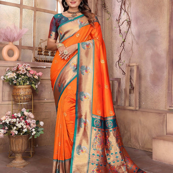 Joban Fashion Paithani Orange Woven Soft Silk Saree - Distacart