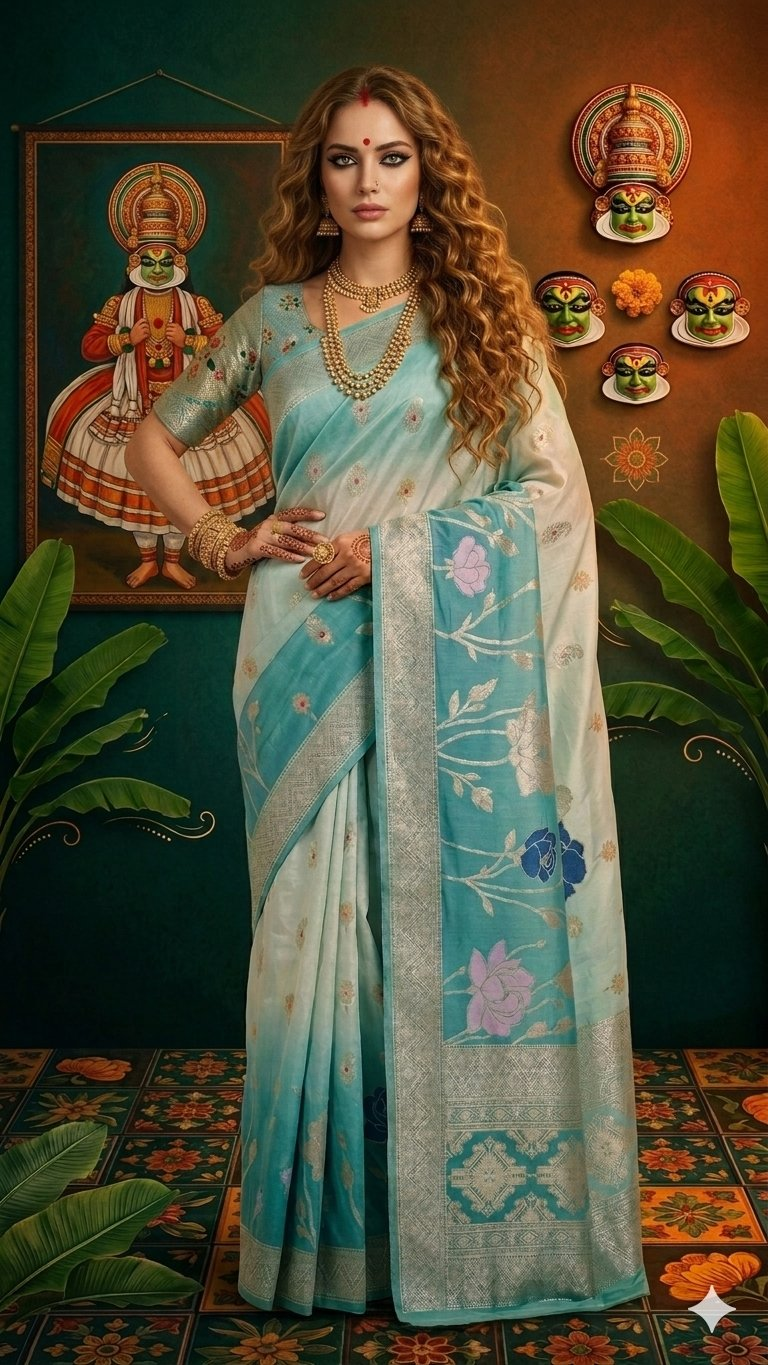 Hypnotex Premium Viscose Jacquard Ready-To-Wear Silk Saree With Blouse-Sky Blue