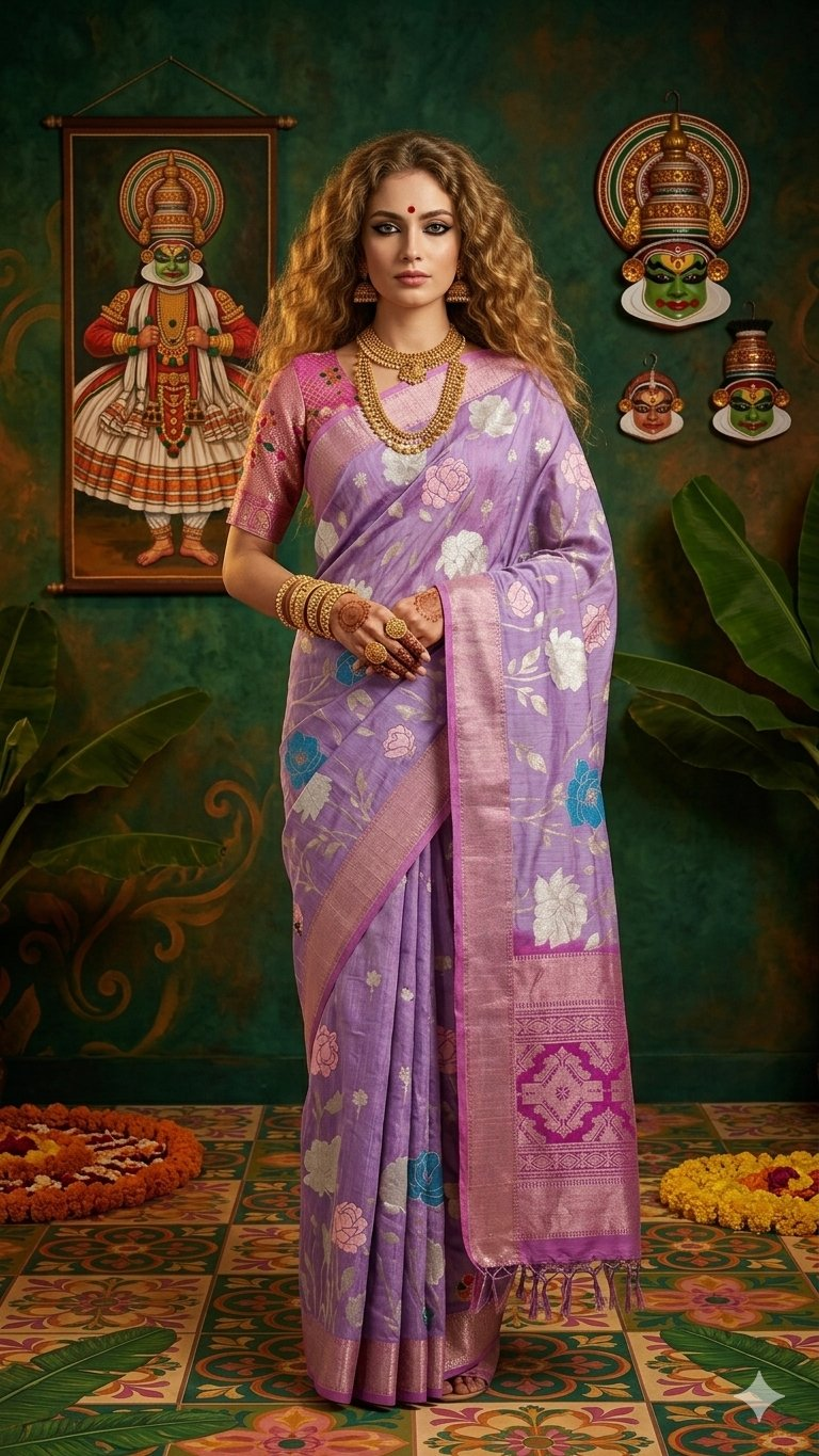 Hypnotex Premium Viscose Jacquard Ready-To-Wear Silk Saree With Blouse-Light Purple