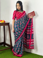 Thumbnail for NOZ2TOZ Women's Cotton Teal blue Printed Designer Saree With Blouse Piece - Distacart