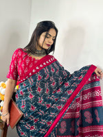 Thumbnail for NOZ2TOZ Women's Cotton Teal blue Printed Designer Saree With Blouse Piece - Distacart