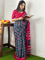 Thumbnail for NOZ2TOZ Women's Cotton Teal blue Printed Designer Saree With Blouse Piece - Distacart